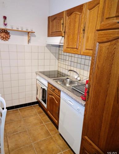 a small kitchen with a sink and a dishwasher at Appartement 60m2- vue sur la montagne in Crans-Montana