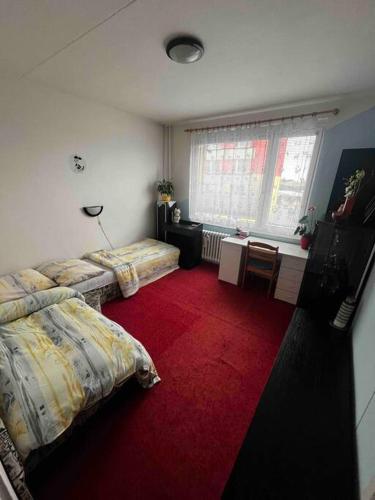 um quarto com 2 camas e um tapete vermelho em Ubytování na festival Brutal Assaut em Jaroměř