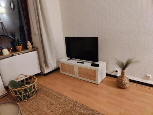 ein Wohnzimmer mit einem Flachbild-TV auf einem Stand in der Unterkunft Bliss - 3 Zimmer, Boho, Arbeitsplatz, Netflix in Gießen