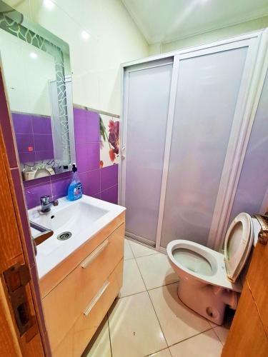 uma casa de banho com um WC, um lavatório e um chuveiro em great location flat Calm & Chocolat gift em Agadir