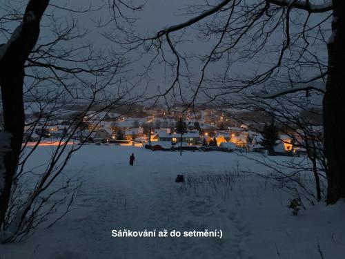 a person walking in the snow at night at Apartmány Havířská Žacléř, Krkonoše in Žacléř