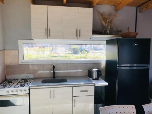 a kitchen with white cabinets and a black refrigerator at Casita el Emir in Plottier