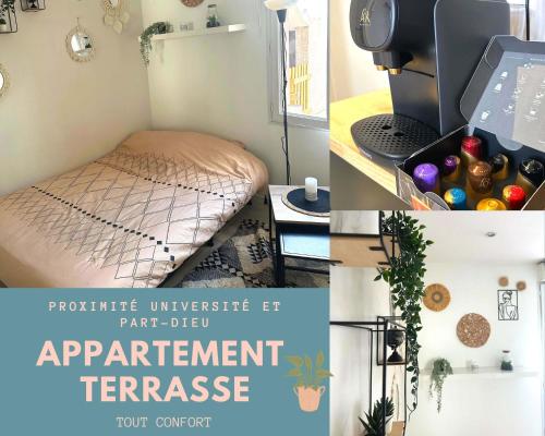 un collage de photos d'une chambre avec un lit et une imprimante dans l'établissement L'Oasis Cosy, à Villeurbanne