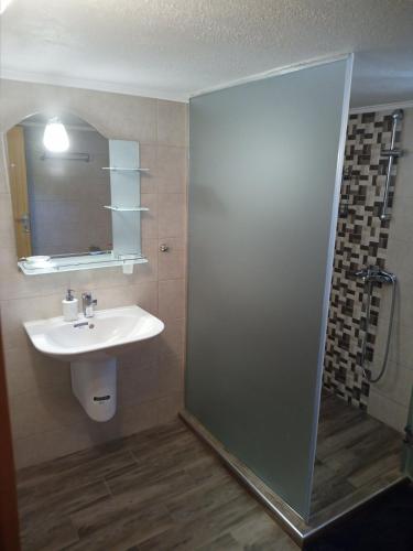 a bathroom with a sink and a mirror and a shower at St Paul and Peter's House in Asprovalta