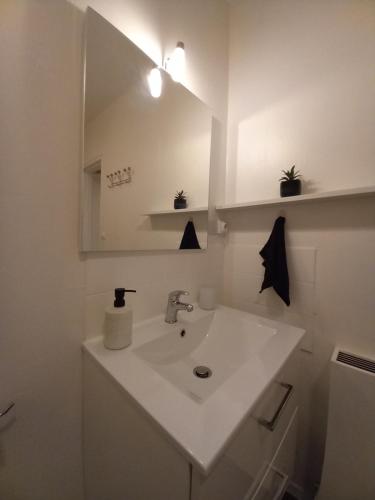 ein weißes Badezimmer mit einem Waschbecken und einem Spiegel in der Unterkunft Cocon reposant à 5 min du centre d'Angoulême in Angoulême