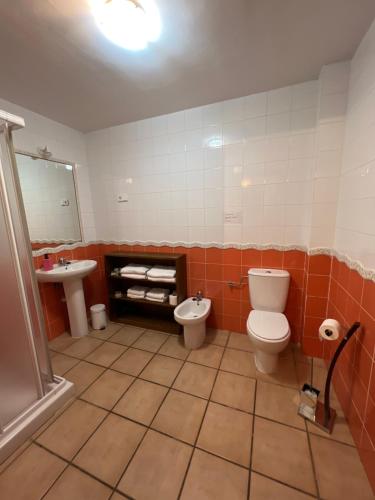 bagno con servizi igienici, bidet e lavandino di Apartamentos Los Parrales a Villalba de la Sierra
