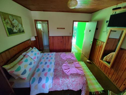 a bedroom with a bed and a green light at Pousada Solar das Flores Maringá RJ Visconde de Mauá in Visconde De Maua
