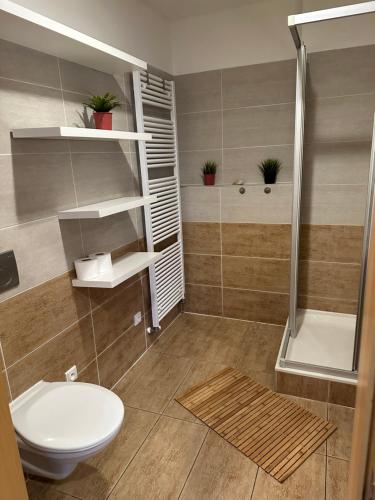 a bathroom with a toilet and a shower at Apartments Spačilova nearly center in Komárov