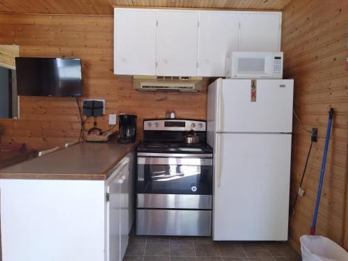 a kitchen with a white refrigerator and a stove at Dolphin Motel in Tofino