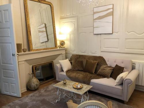uma sala de estar com um sofá e uma lareira em Appartement Périgueux historique em Périgueux