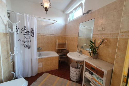 a bathroom with a sink and a tub and a toilet at Comfortable stone house apartment 4 persons Poreč, 4km in Musalez