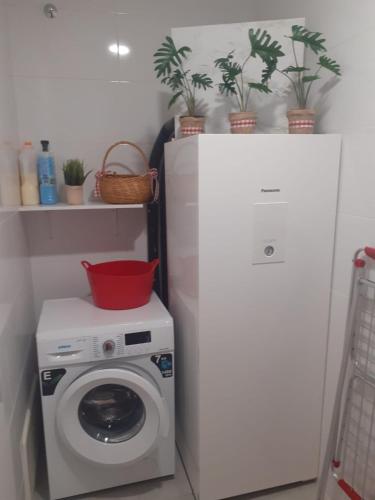a laundry room with a washing machine and a washer at Casa en piedra (Stone House) in Porriño