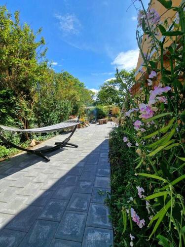 a walkway with purple flowers and a bench on avisorukongukong at Det Gamle Garnbinderi, ved Møns bedste strand. in Borre