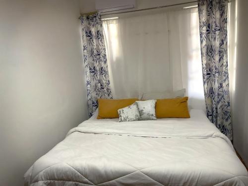 ein großes Bett mit zwei Kissen und einem Fenster in der Unterkunft Casa Dossman in Puntarenas