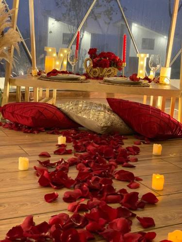 a table with red rose petals on the floor at Mantra Glamping & Chalets in Zacatlán