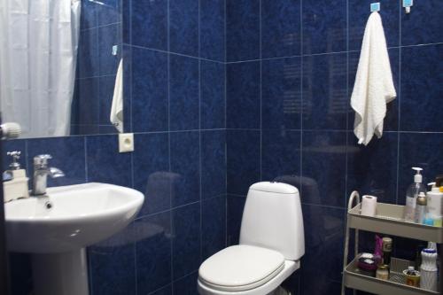 a blue tiled bathroom with a toilet and a sink at Welhome to a city centre Cozy and Comfy For leisure and Work No go through No other guests Just one host who you can ghost in Tbilisi City