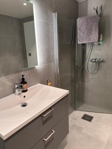 a bathroom with a white sink and a shower at Ny og flott leilighet i Trondheim in Trondheim