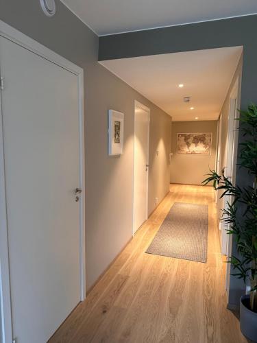 un couloir vide avec une porte et un tapis dans l'établissement Ny og flott leilighet i Trondheim, à Trondheim