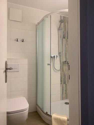 uma casa de banho com uma cabina de duche em vidro e um WC. em Hotel Carolaruh em Bad Elster