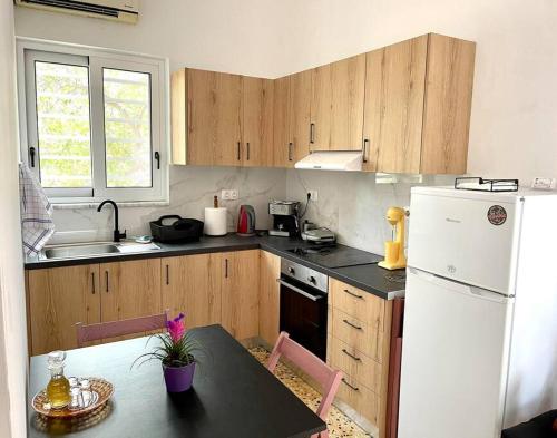 a kitchen with wooden cabinets and a white refrigerator at Souda Bay in Souda