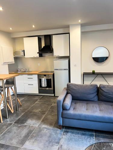 un salon avec un canapé et une cuisine dans l'établissement Charmant Appartement au Cœur de Blois, à Blois