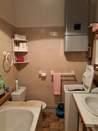 een kleine badkamer met een wastafel en een toilet bij Mini villa jardin 50 m plage in Borgo