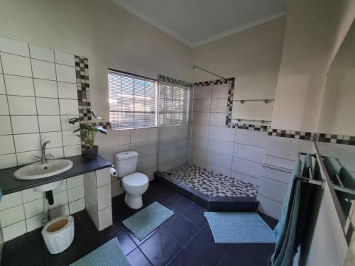 a bathroom with a toilet and a shower and a sink at Sunny Guest Room in Boksburg