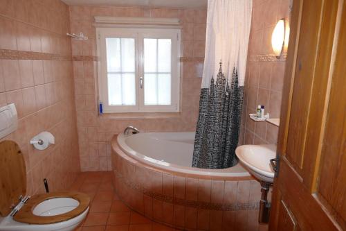 a bathroom with a tub and a toilet and a sink at Family Landhaus Birwinken in Berg