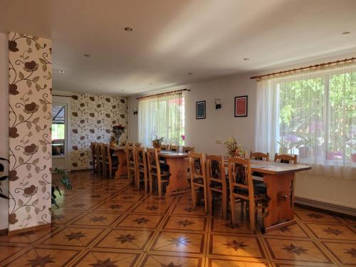 a dining room with a long table and chairs at Vila Denisa in Bran