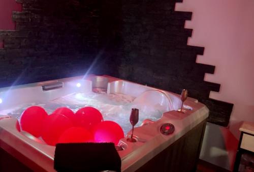 a bath tub with two red hearts in it at Douceur d’une nuit (studio avec jaccuzi privatif) in Vitrolles