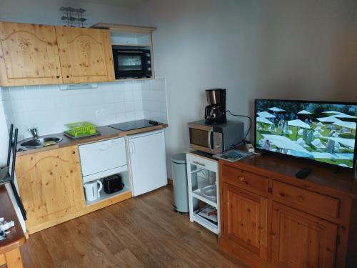Il comprend une cuisine avec une télévision à écran plat et des placards en bois. dans l'établissement Studio 4 personnes au pied des pistes, à Chamrousse
