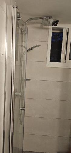 a shower with a glass door in a bathroom at Rina House in Karmiel