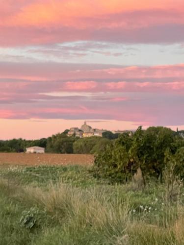 un champ avec une maison au sommet d'une colline dans l'établissement Grande maison à teyran (34), à Teyran