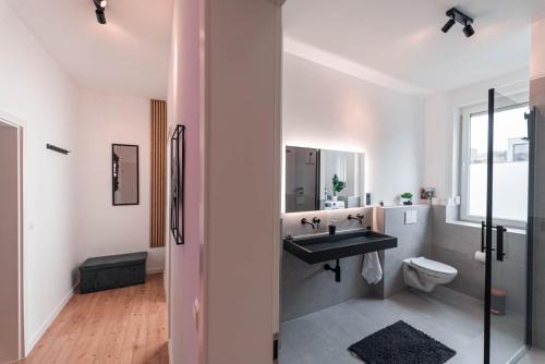 La salle de bains est pourvue d'un lavabo et de toilettes. dans l'établissement unique Cityresidenz nähe Münster - WE02, à Ulm