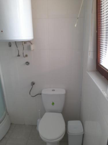 a white bathroom with a toilet and a window at Vila Veronika ul Dame Gruev 207 Ohrid in Ohrid