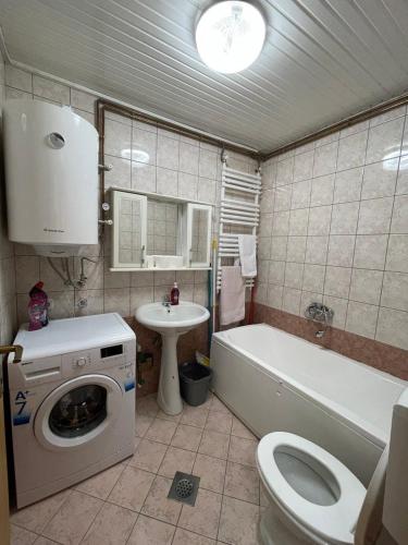 a bathroom with a toilet and a washing machine at SNEZANA APARTMENT in Ohrid