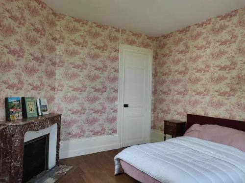 een slaapkamer met een bed en een open haard bij Chateau de Maisonneuve 