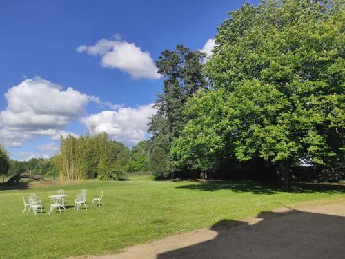 een groep stoelen en tafels in een veld bij Chateau de Maisonneuve 