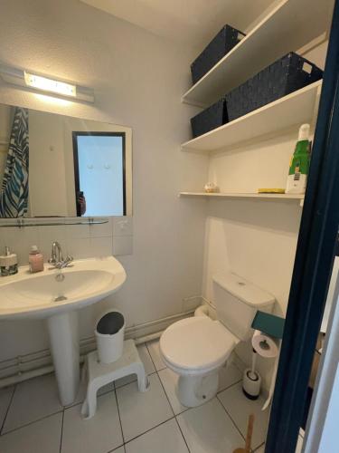une salle de bain avec toilettes et lavabo dans l'établissement Appartement-Maison 2 chambres vue exceptionnelle, au Barcarès
