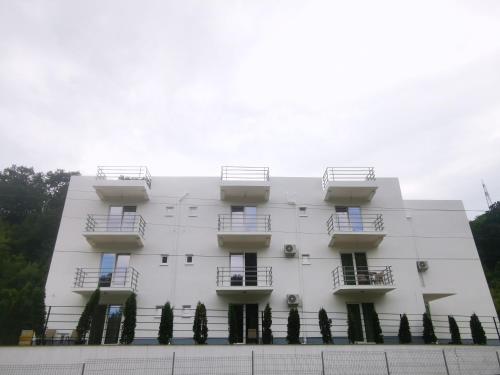 un edificio blanco con balcones en un lateral en Vila AMAZON, en Dubova