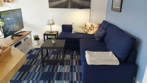 een woonkamer met een blauwe bank en een tafel bij LLN lodge in Louvain-la-Neuve