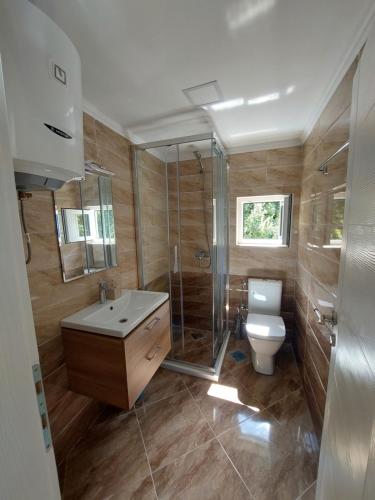a bathroom with a toilet and a shower and a sink at Superb Apartments Virpazar in Virpazar