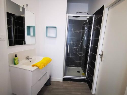 biała łazienka z prysznicem i umywalką w obiekcie EL NIDO by LimogesBNB w mieście Limoges