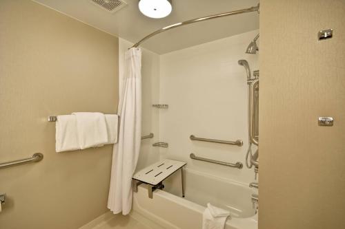 y baño con ducha y cortina de ducha. en SpringHill Suites by Marriott San Antonio Medical Center/Northwest en San Antonio