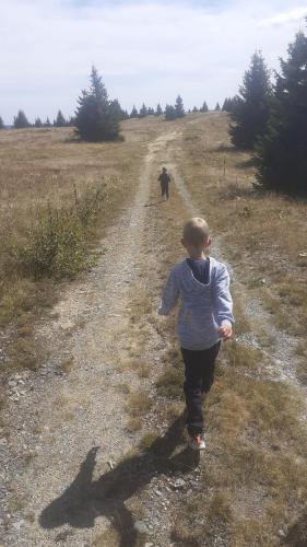 a young boy is walking down a dirt road at Ruža vetrova in Kušići
