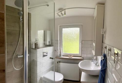 a bathroom with a sink and a toilet and a shower at Ferienhaus Ankerplatz in Lambrechtshagen