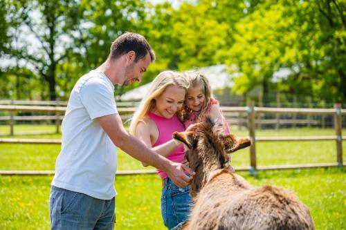 a man and two girls petting a donkey at a zoo at Wellness zoo apartmány Lhota in Lomnice nad Lužnicí