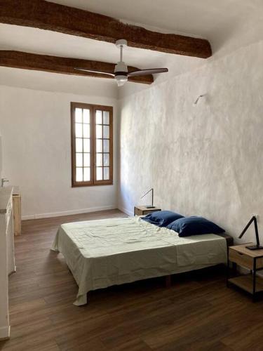 une chambre avec un lit et un ventilateur de plafond dans l'établissement Maison 6 chambres avec piscine, à Quissac