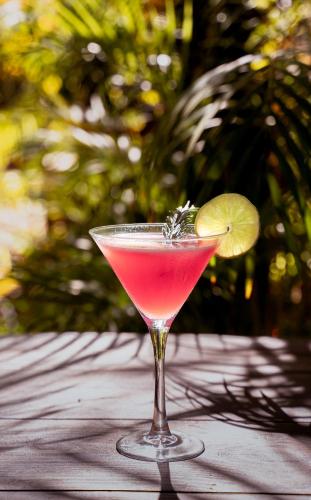 a drink in a martini glass with a lime on a table at BOHO Bohemian Boutique Hotel in Willemstad