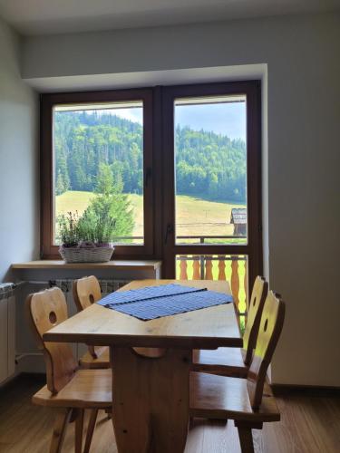 扎科帕內的住宿－Stan Relaksu - noclegi w Zakopanem，窗户客房内的一张木桌和椅子
